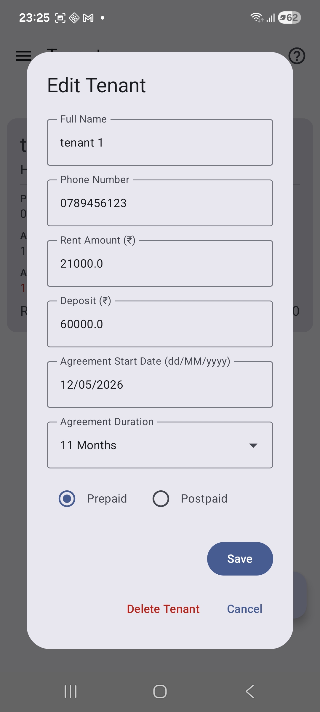 Tenant Parameter Modification Screen